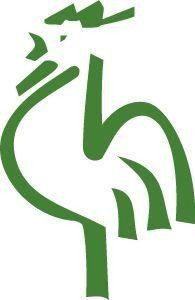 Ein abstraktes, grünes Logo, das einen Hahn darstellt.