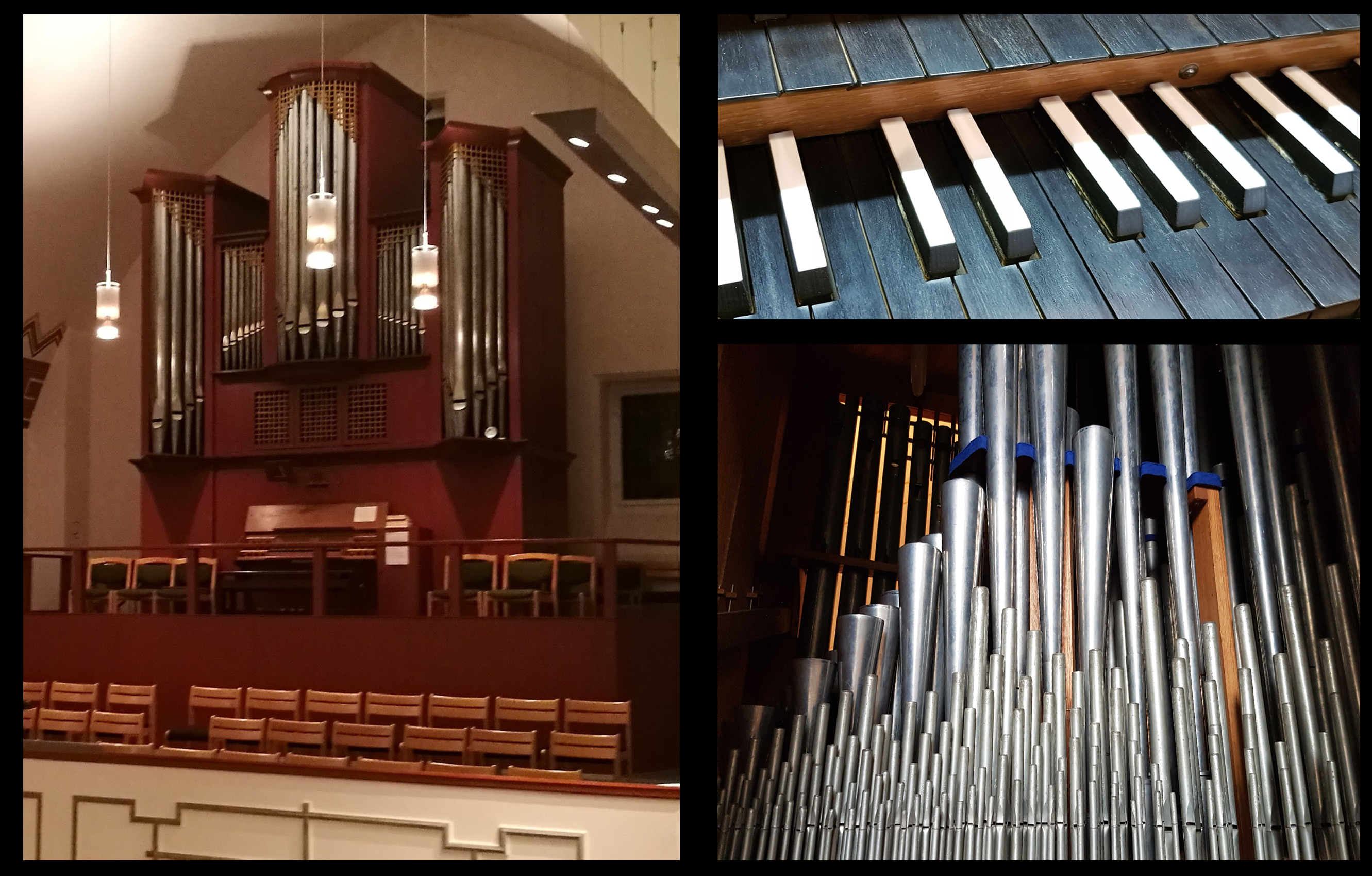 Drei Ansichten einer Kirchenorgel: eine Gesamtansicht, die Tastatur und die Orgelpfeifen.